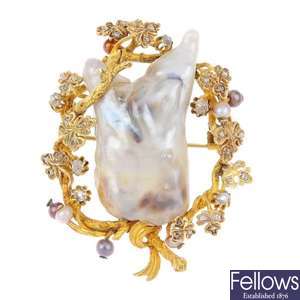 A Russian pre-revolutionary gold, diamond, baroque and seed pearl brooch.