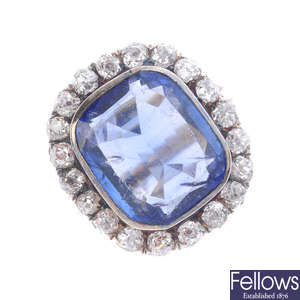 A late 19th century gold, sapphire and diamond cluster ring.