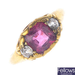 A late Victorian gold, spinel and diamond ring.