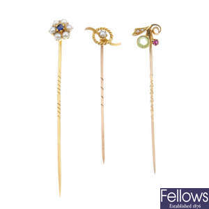 A selection of late 19th to early 20th century gold stickpins.