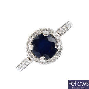 A platinum sapphire and diamond ring.