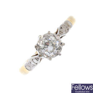 A mid 20th century 18ct gold and platinum diamond single-stone ring.
