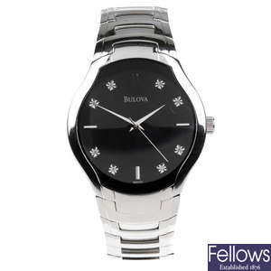 BULOVA - a gentleman's stainless steel bracelet watch with two other Bulova watches.