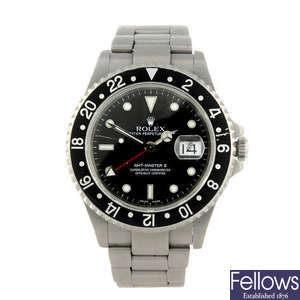 ROLEX - a gentleman's stainless steel Oyster Perpetual GMT-Master II bracelet watch.
