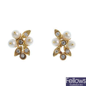 A pair of 18ct gold diamond and cultured pearl earrings.
