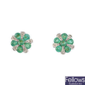 A pair of 9ct gold emerald and diamond stud earrings.