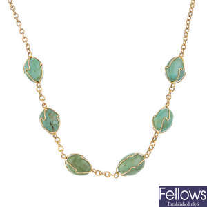 A turquoise necklace.