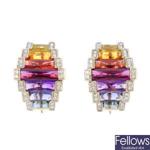 A pair of multi-gem and diamond earrings.