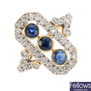 A mid 20th century  gold sapphire and diamond dress ring.