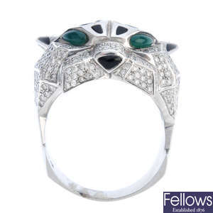 A gentleman's diamond, enamel and chalcedony dress ring.