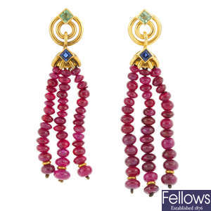 A pair of 18ct gold gem earrings.