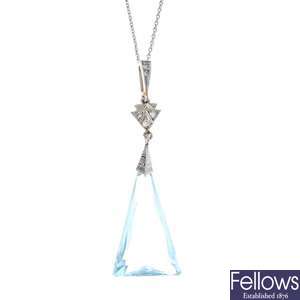 An aquamarine and diamond pendant, with chain.
