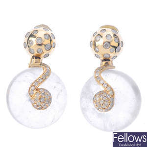 A pair of diamond and rock crystal earrings.
